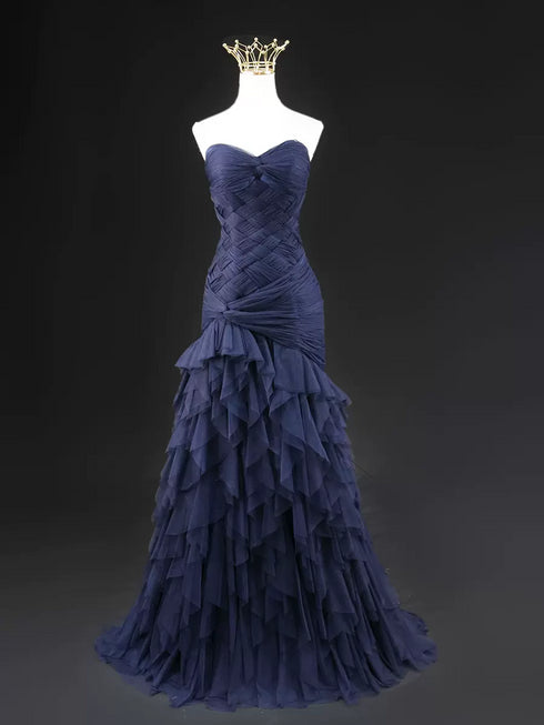 Navy Blue Tulle Mermaid Wedding Gown - Strapless Sheath Wedding Dress - Layered Tulle Ruffle Dress Plus Size